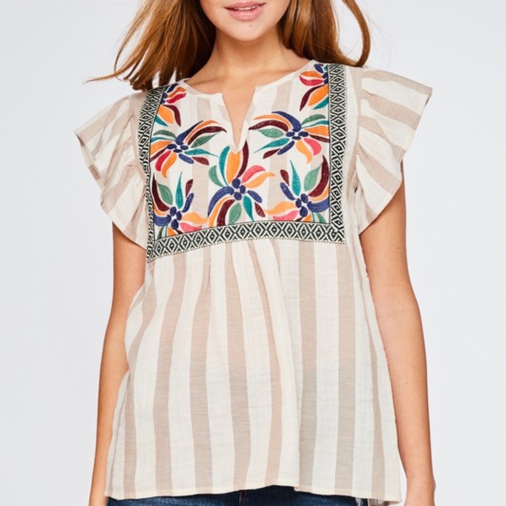 NWT Boho Fluttered Sleeve Striped Embroidered Top - Picture 5 of 5